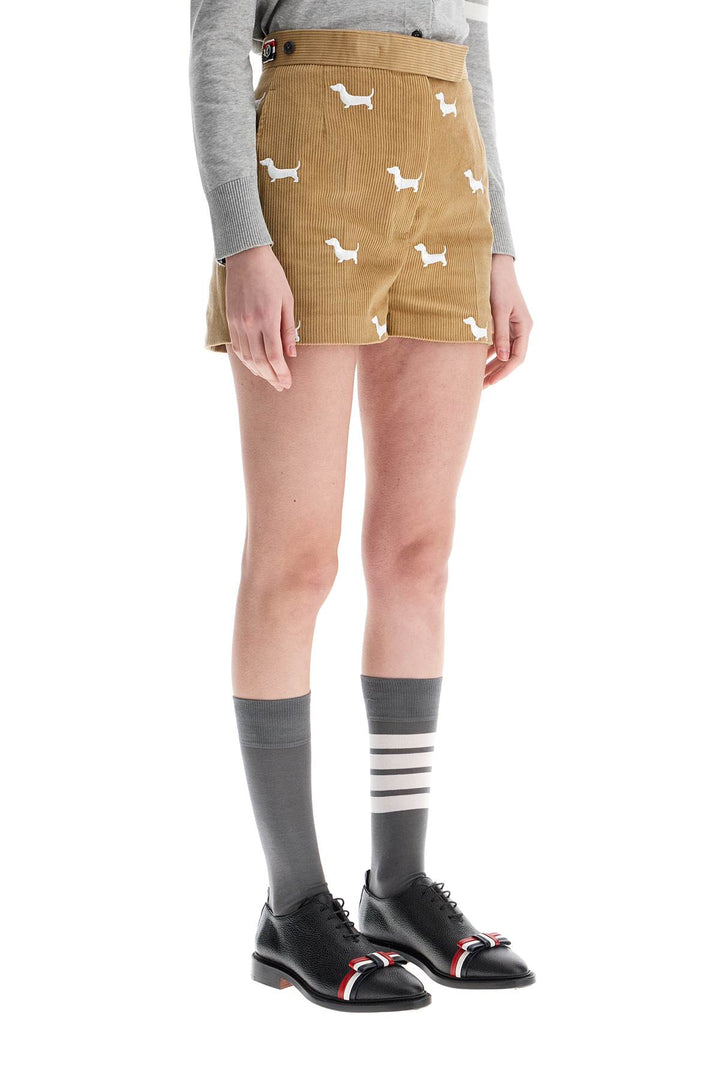 Khaki Corduroy Shorts With White Dog Pattern