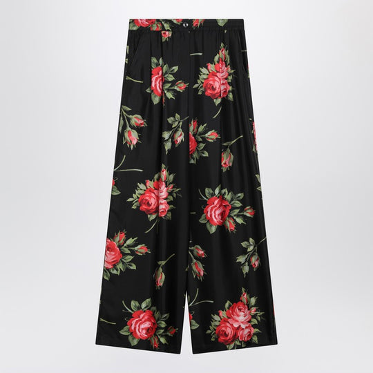 Wide Twill Trousers With Rose Bouquet Print