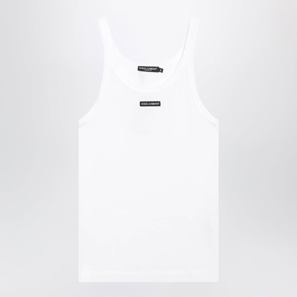 White Ribbed Cotton Tank Top With Logo Patch