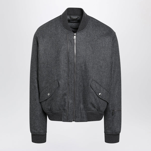 Grey Mélange Zip-Up Bomber Jacket In Wool