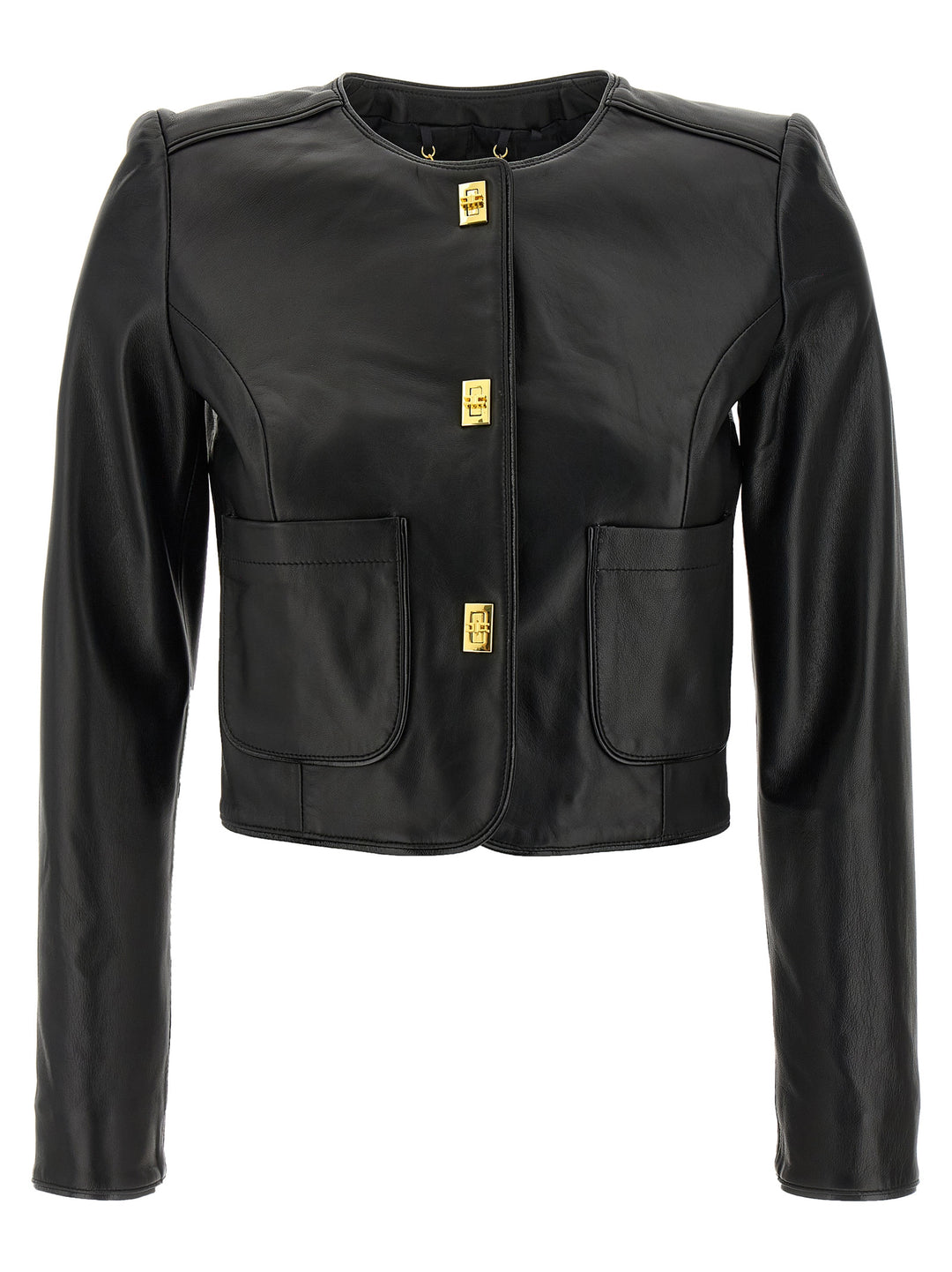 Elisabetta Franchi Cropped Leather Jacket Puffer Jackets - Black | e5193c7fa7c1758018df55cf480c0fa26a2bfc83