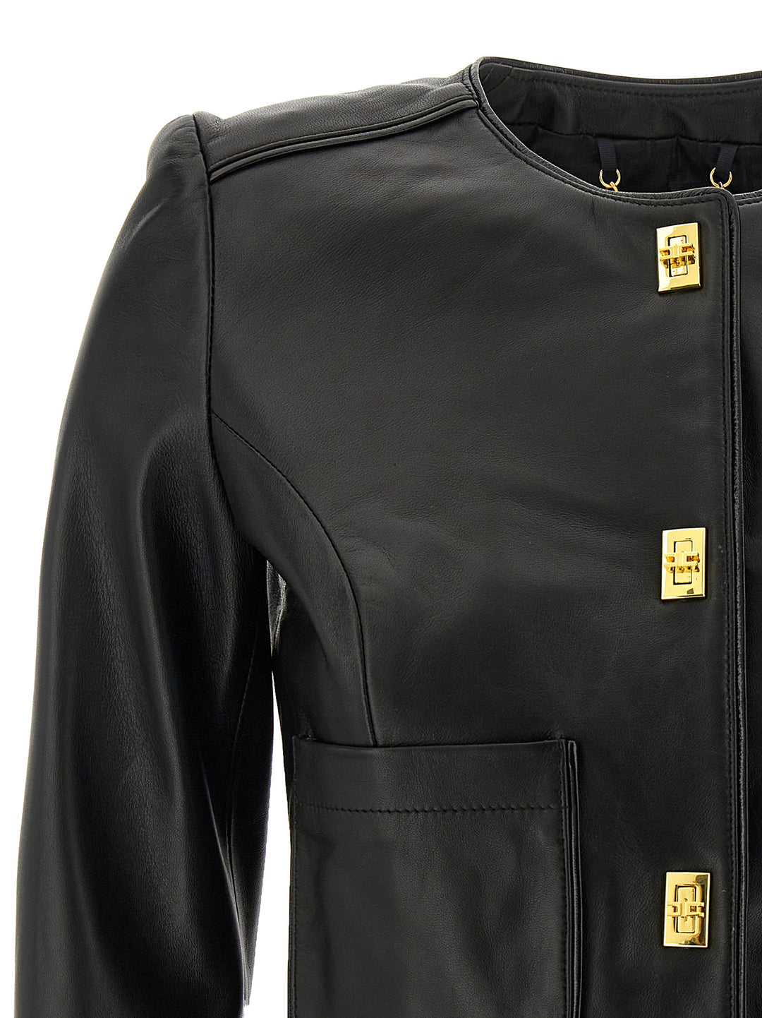 Elisabetta Franchi Cropped Leather Jacket Puffer Jackets - Black | 8bc71d6a0bc923aec1962795a54b54c11c48acec