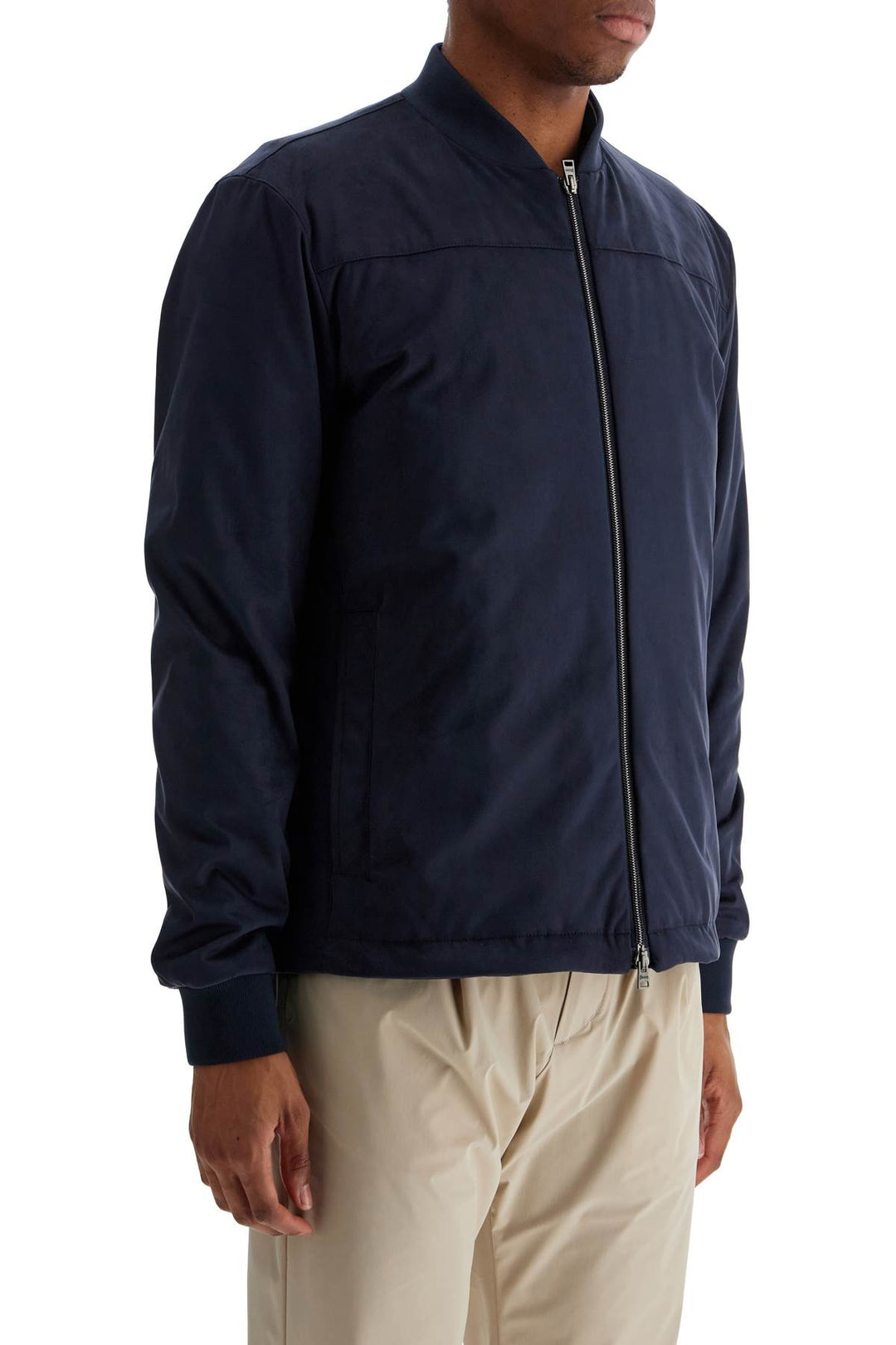 Dark Blue Suede Bomber With Mandarin Collar