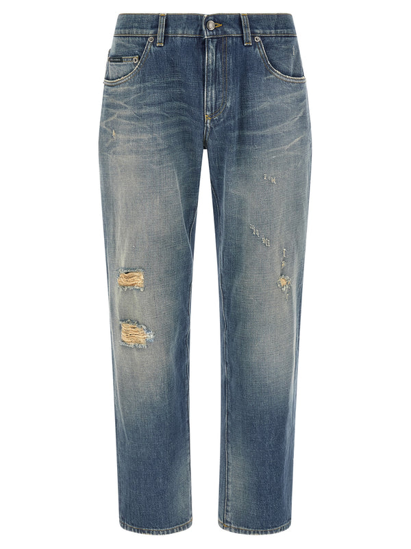 Destroyed Logo Plaque Jeans Blue