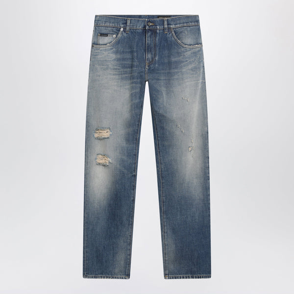 Blue Washed-Effect Jeans With Logo Plaque