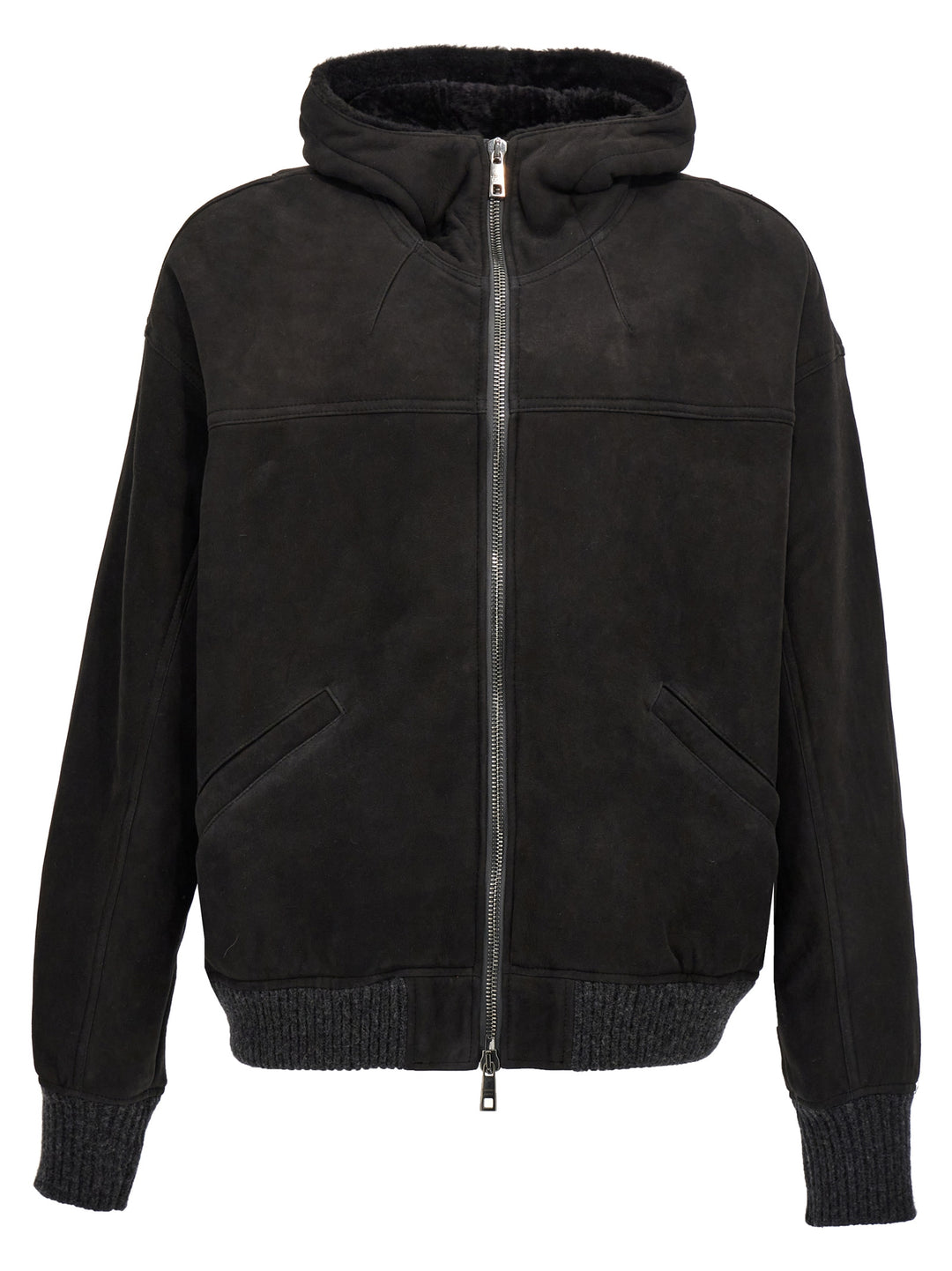 Suede Hooded Sheepskin Fur Black