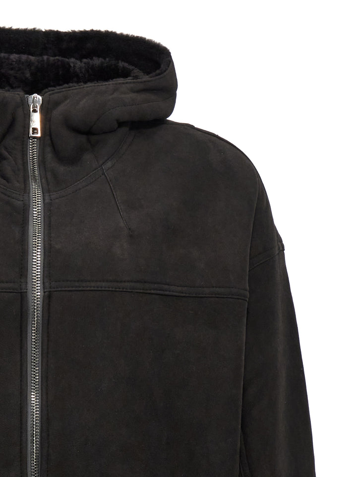 Suede Hooded Sheepskin Fur Black