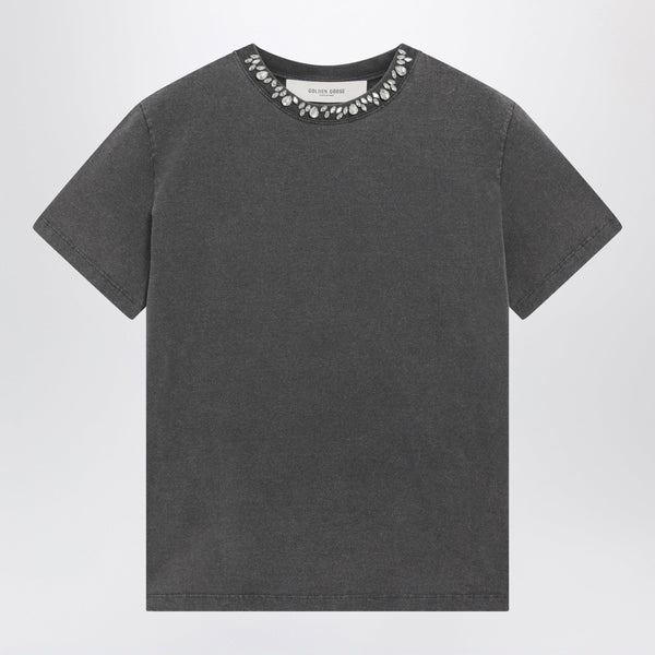 Anthracite Cotton T-Shirt With Cabochon Crystals