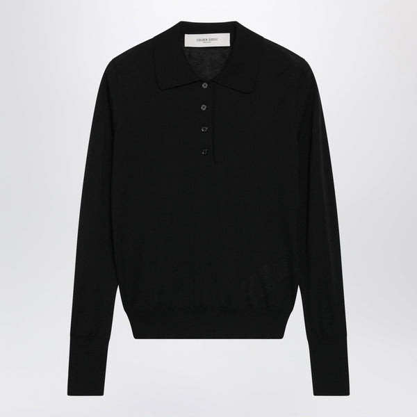 Black Virgin Wool Long-Sleeved Polo Shirt