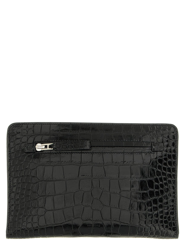 Croc Print Leather Bag Clutch Black