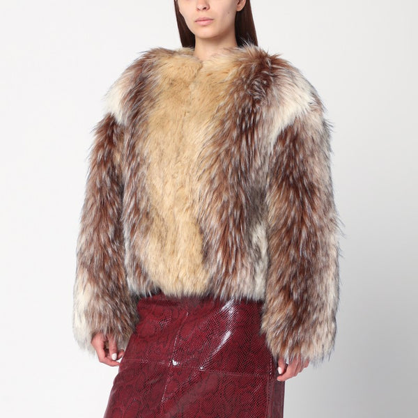Short Beige/Black/White Faux Fur Coat