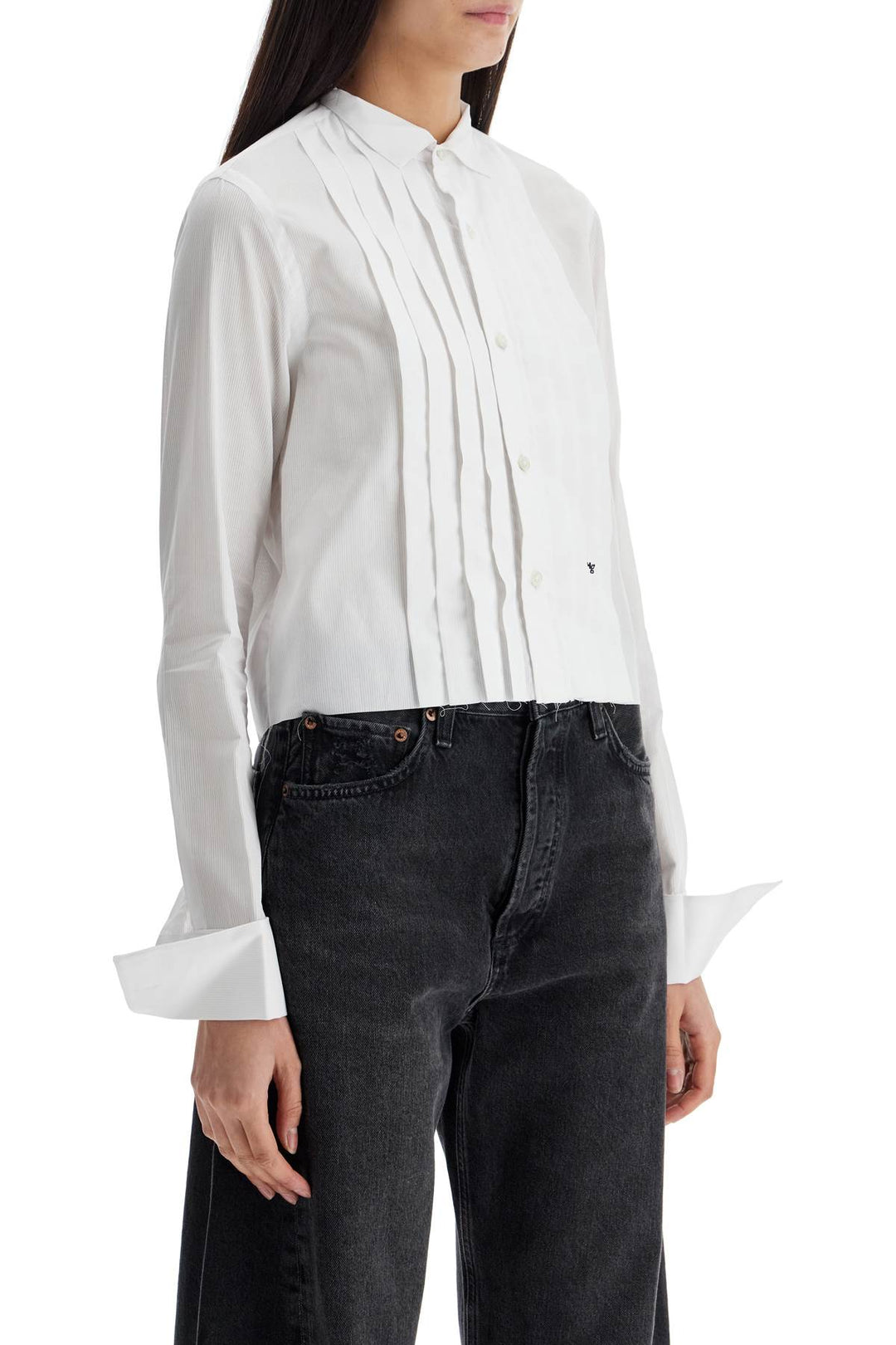 White Cropped Tuxedo Shirt With Wide Neckline