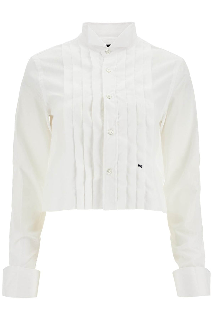 White Cropped Tuxedo Shirt With Wide Neckline