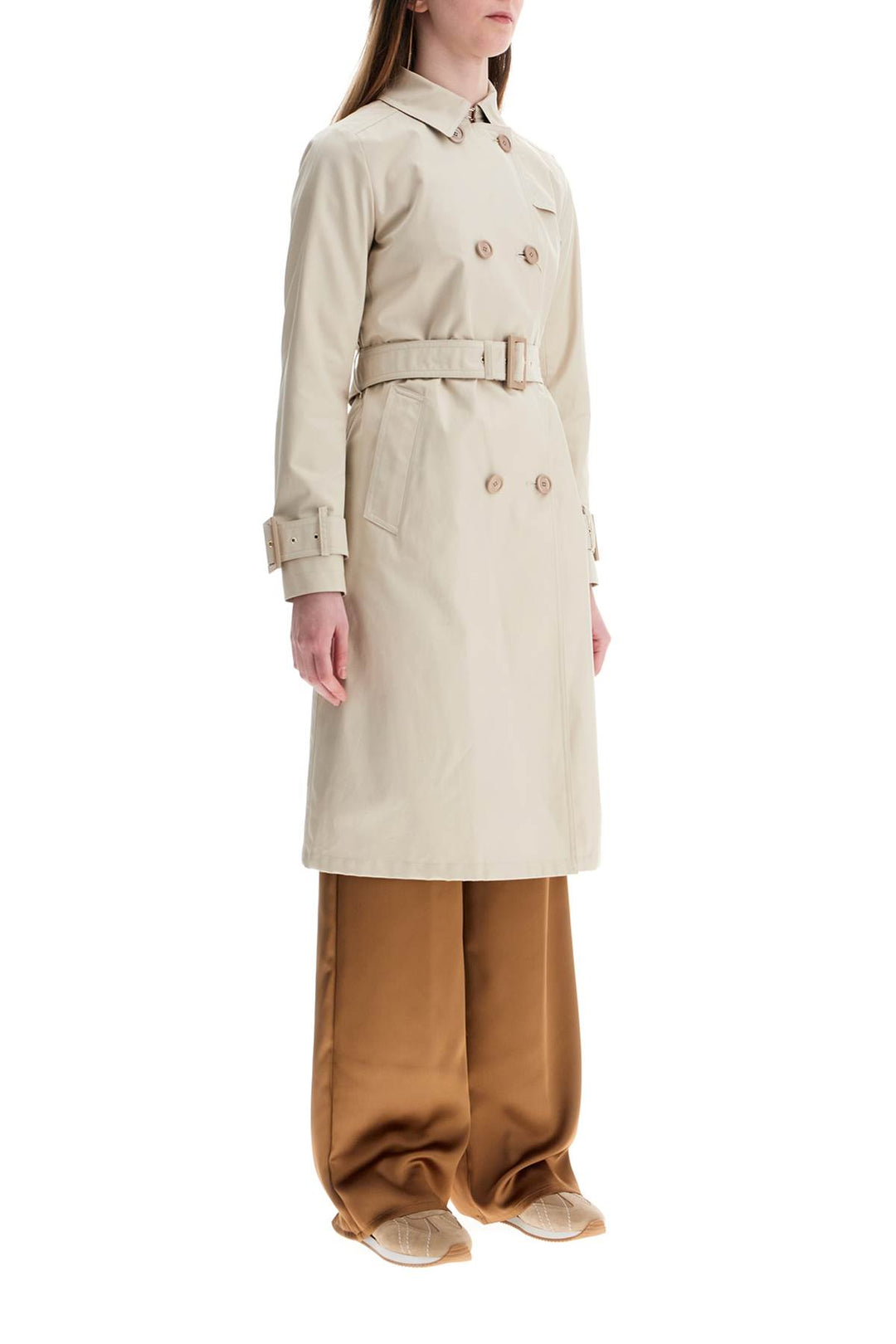 Beige Cotton Double Breasted Trench Coat With Adjustable Sleeves