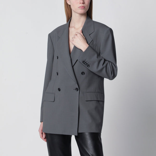 Double-Breasted Blazer In Grey Wool And Silk Blend