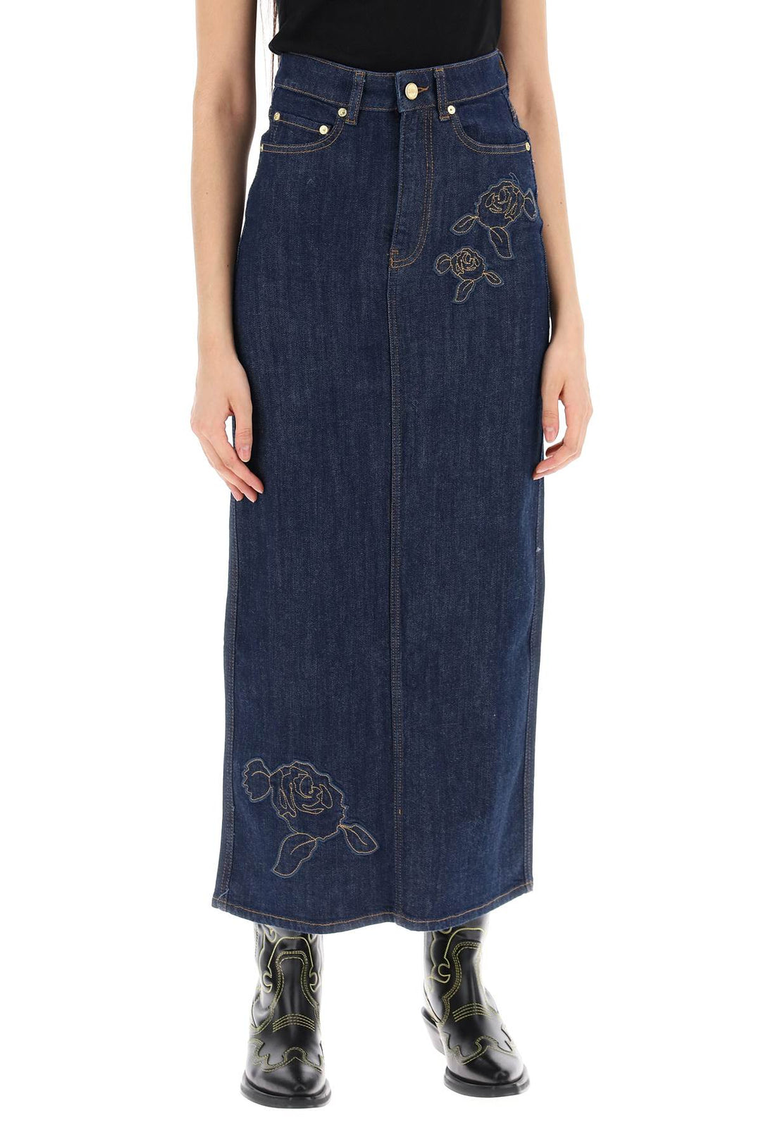 Gonna Maxi In Denim Con Ricamo Rosa