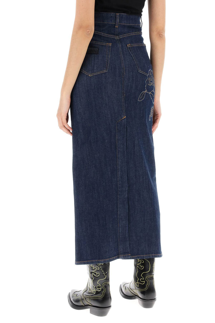 Gonna Maxi In Denim Con Ricamo Rosa