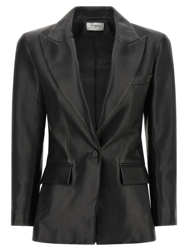 Leather Blazer Puffer Jackets Black