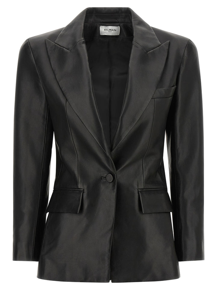 Balmain Leather Blazer Puffer Jackets - Black | 1634b592f7f72fd83b93255bc53dcbd009572002