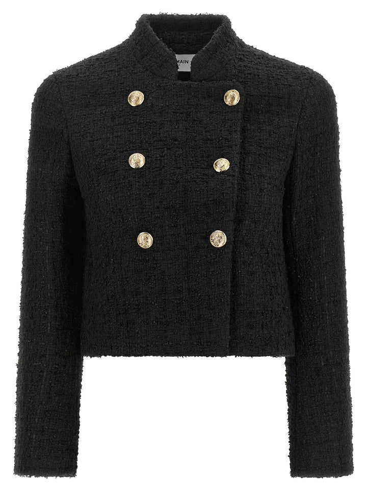 Balmain Double-Breasted Tweed Short Jacket BlazerS - Black | b34afc4baaa09c12316ad7eff6ba02fc46f96cc2