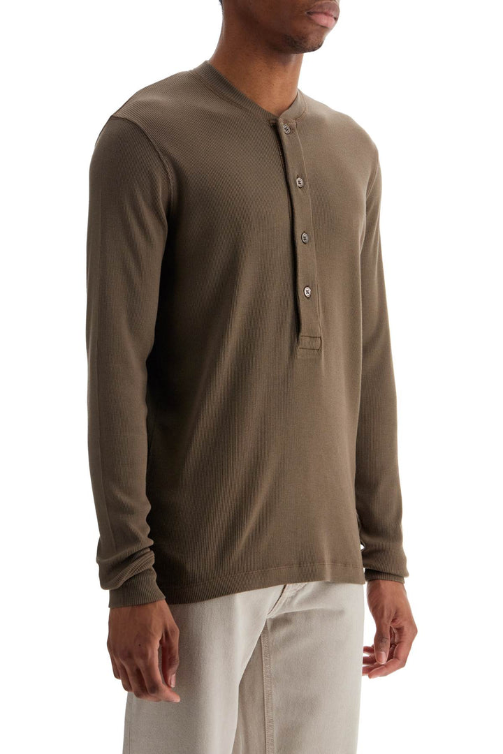 Henley T Shirt In Moss Green Modal Cotton With Mother Of Pearl Buttons