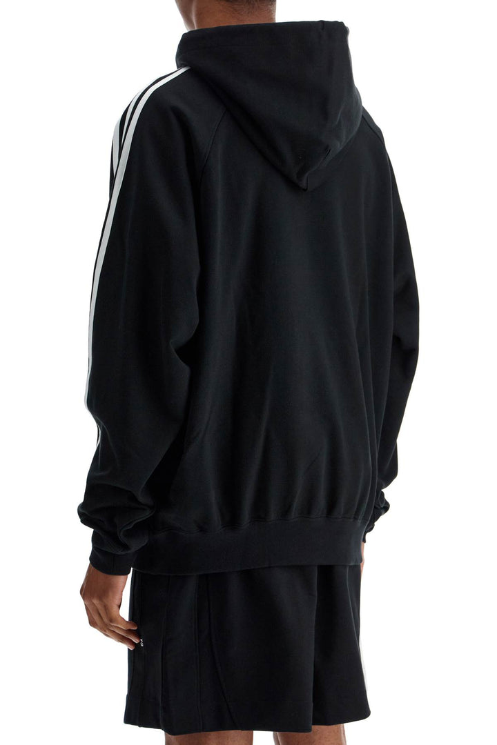 Black Cotton And Recycled Polyester Hoodie With White Raglan Stripes