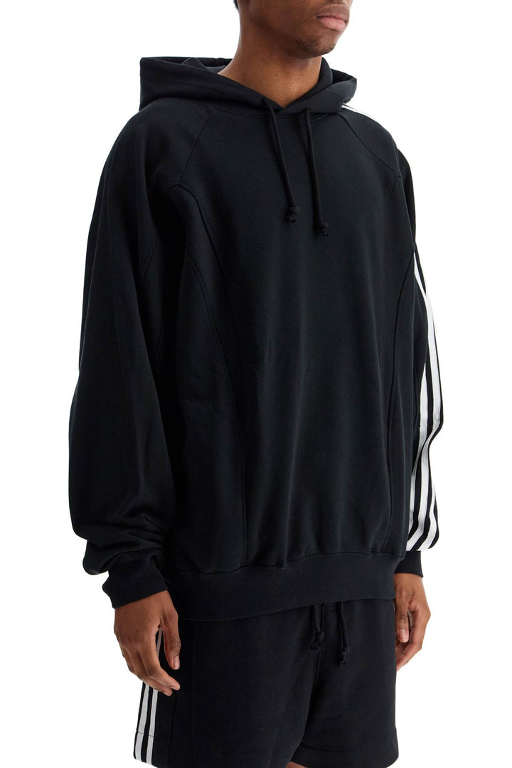 Black Cotton And Recycled Polyester Hoodie With White Raglan Stripes