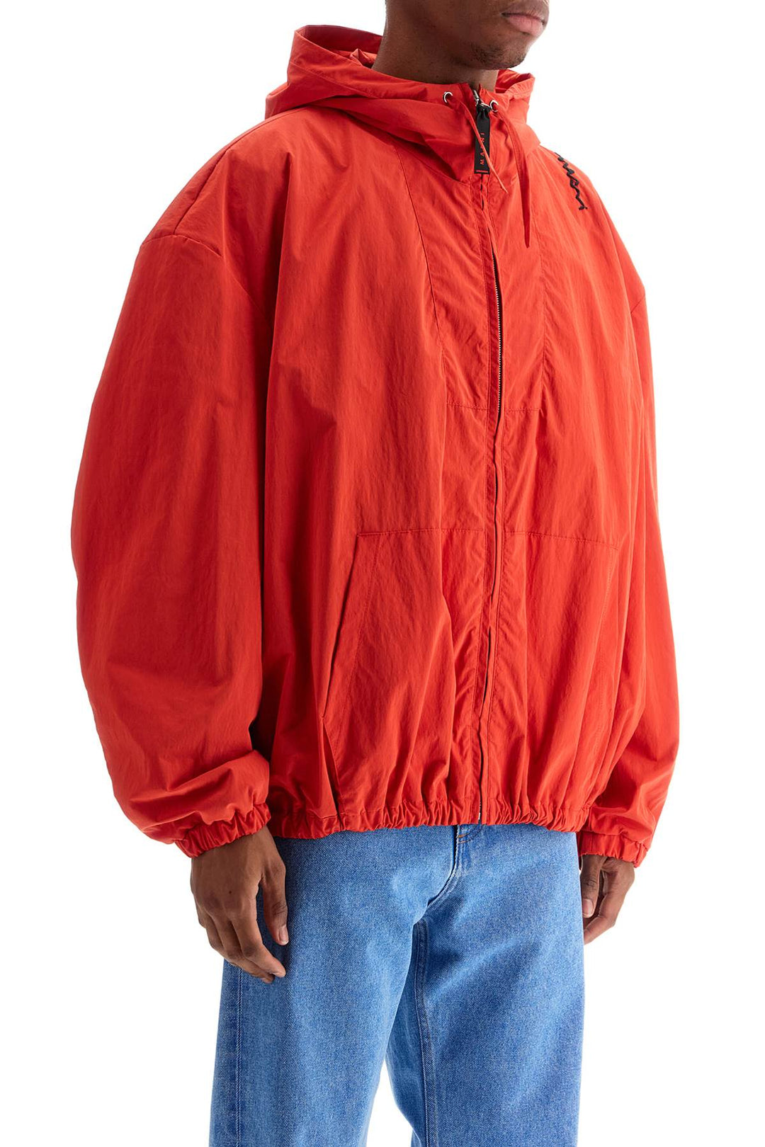 Red Hooded Jacket In Polyester With Embroidered Logo