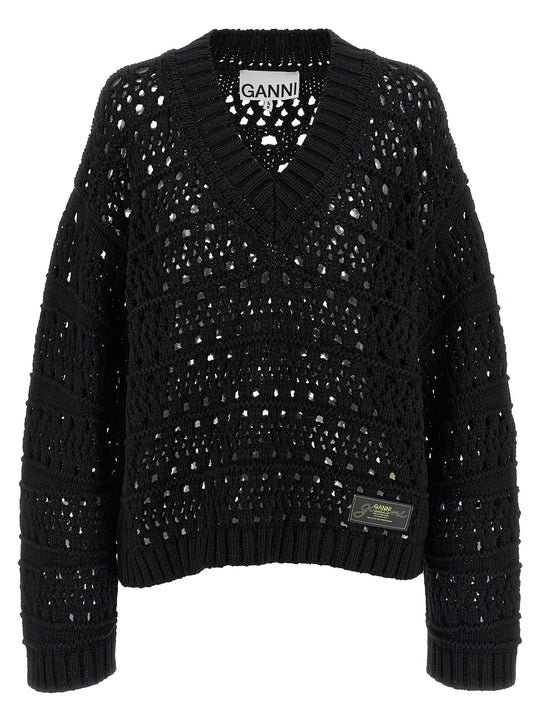 Black Crochet V-Neck Sweaters And Cardigans Black