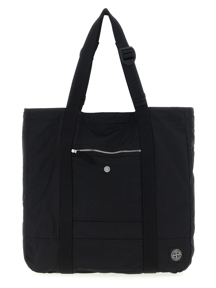 Stone Island Logo Patch Shopping Bag Tote Bag - Black | fdc67fd116960445bc0b92eecc179ab6de270551