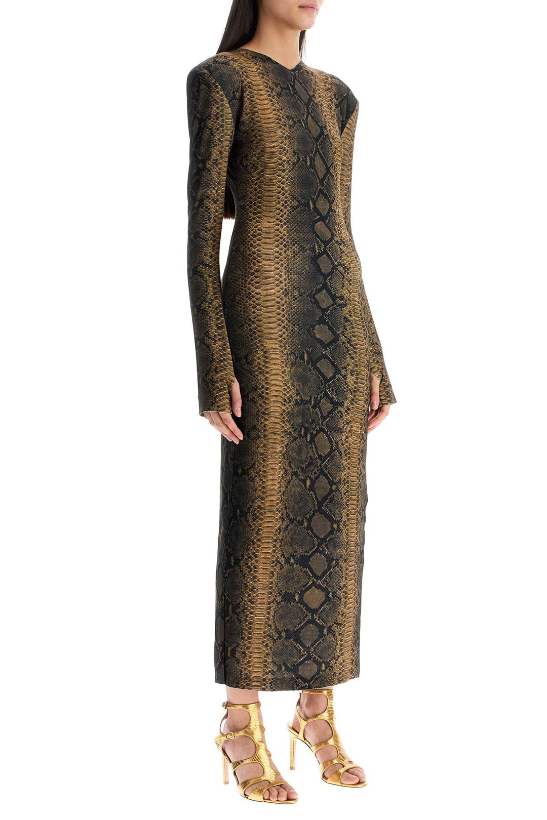 Brown Slim Fit Long Python Effect Dress