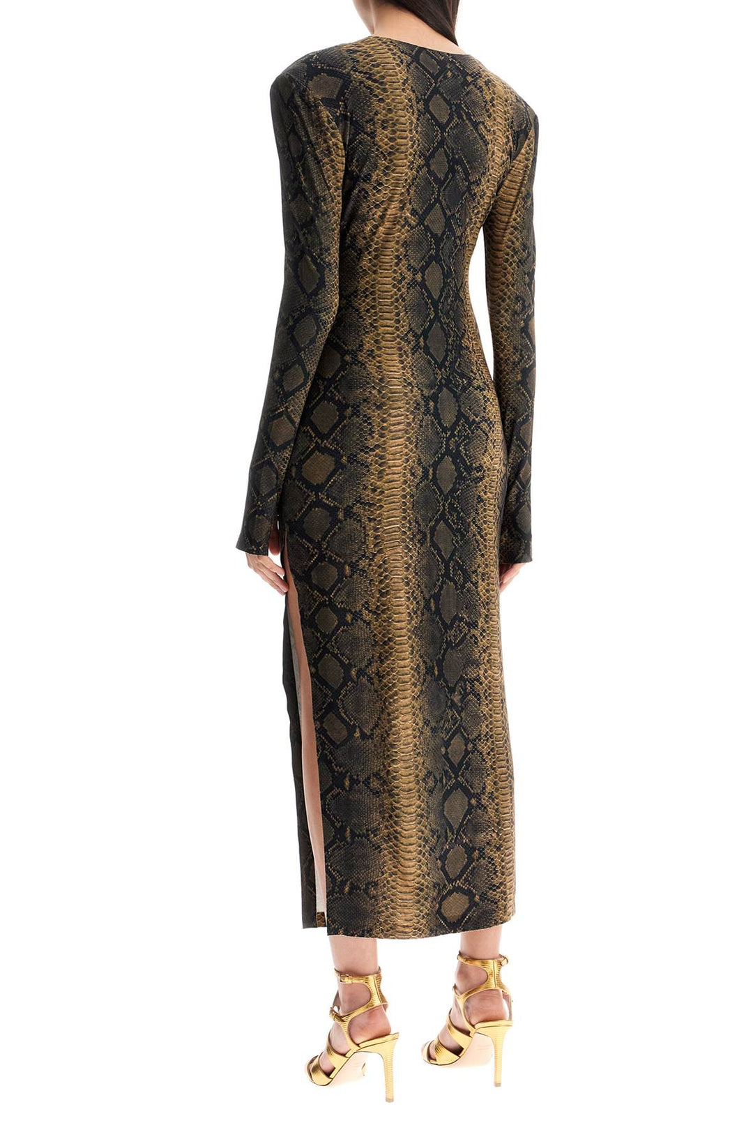 Brown Slim Fit Long Python Effect Dress