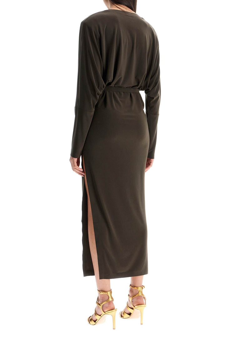 Brown Midi Slim Long Dress With V Neck And Side Slit