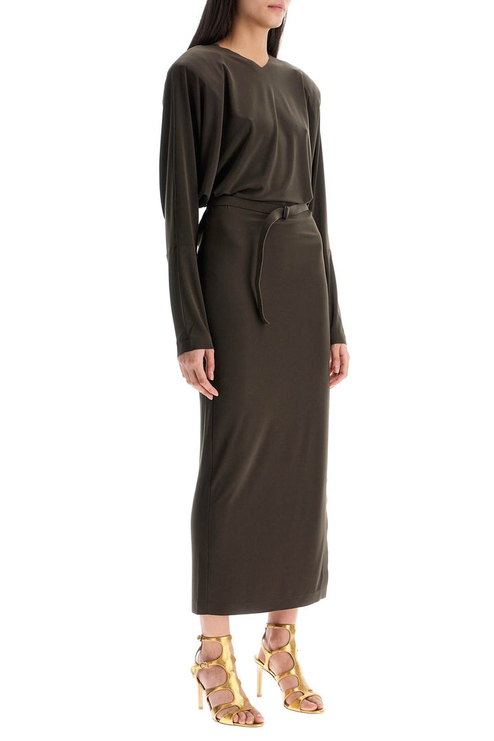 Brown Midi Slim Long Dress With V Neck And Side Slit