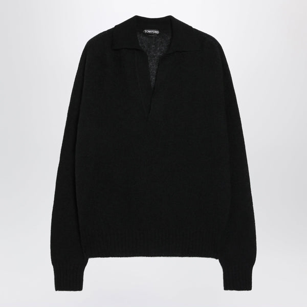 Long-Sleeve V-Neck Cashmere And Silk Polo In Black