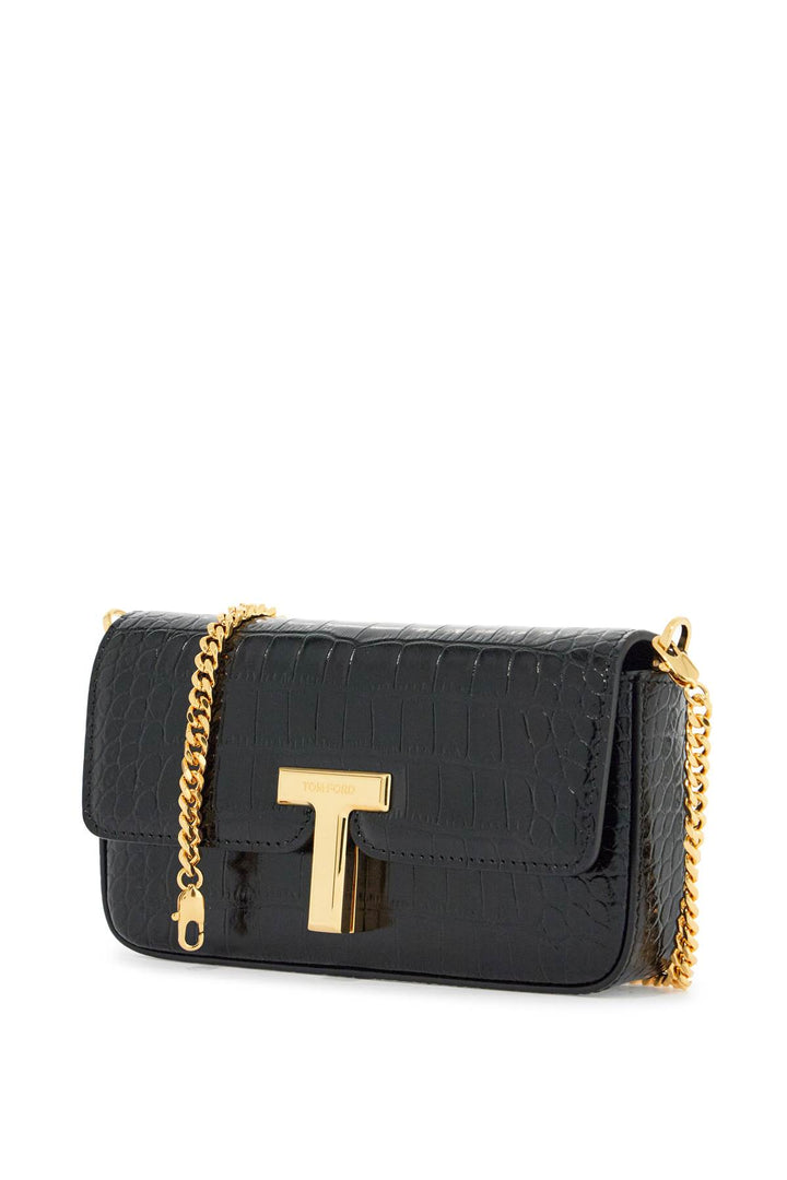 Mini Crossbody Bag In Black Calf Leather With Crocodile Effect