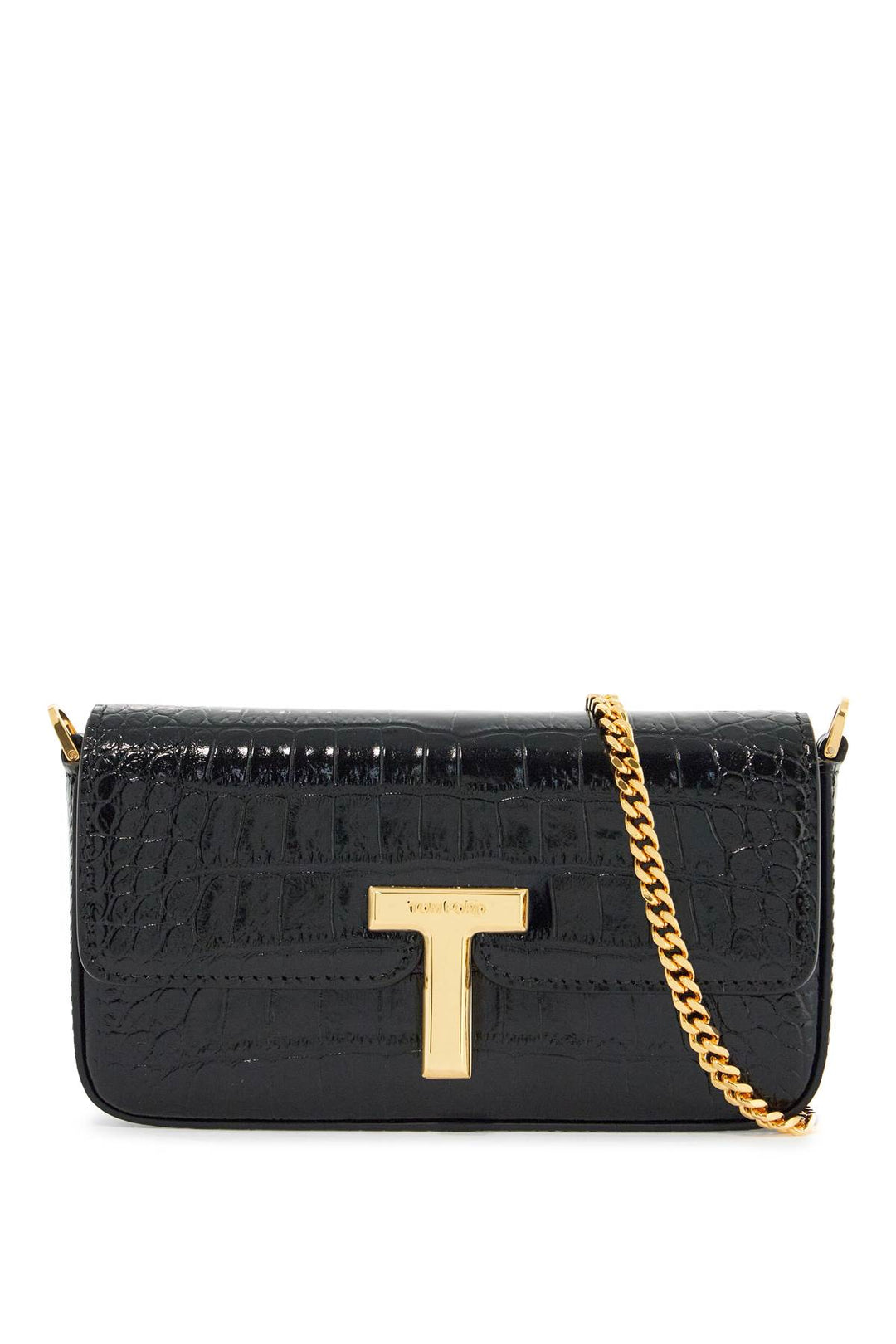 Mini Crossbody Bag In Black Calf Leather With Crocodile Effect