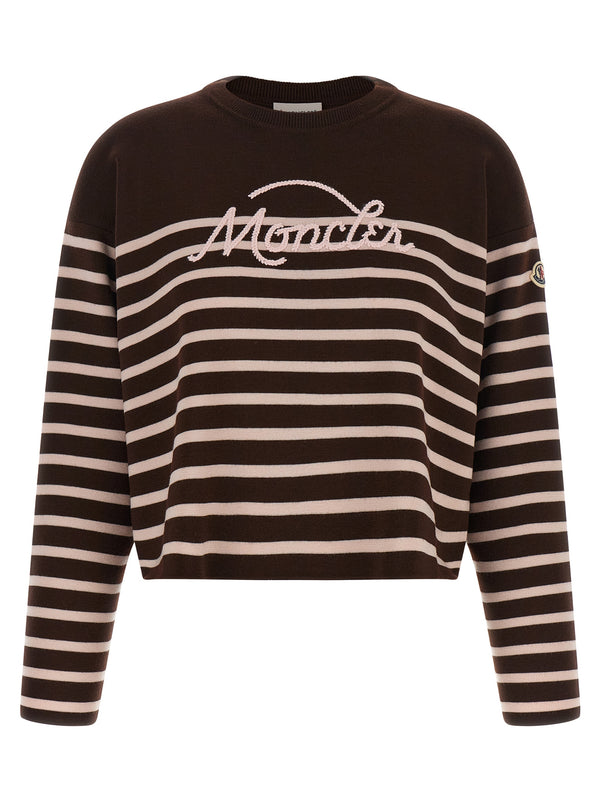 Striped Sweater With Embroidery Sweaters And Cardigans White