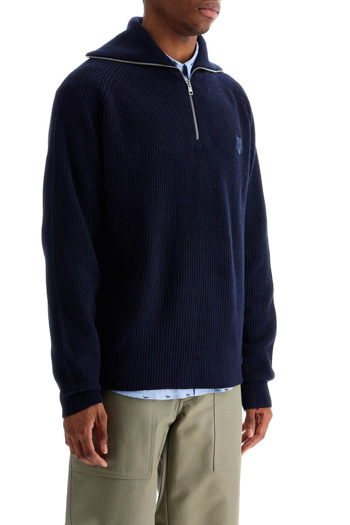 Ink Blue Wool Sweater With Fox Head Patch And Half Zip