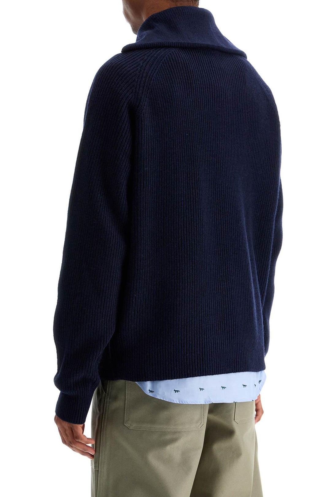 Ink Blue Wool Sweater With Fox Head Patch And Half Zip