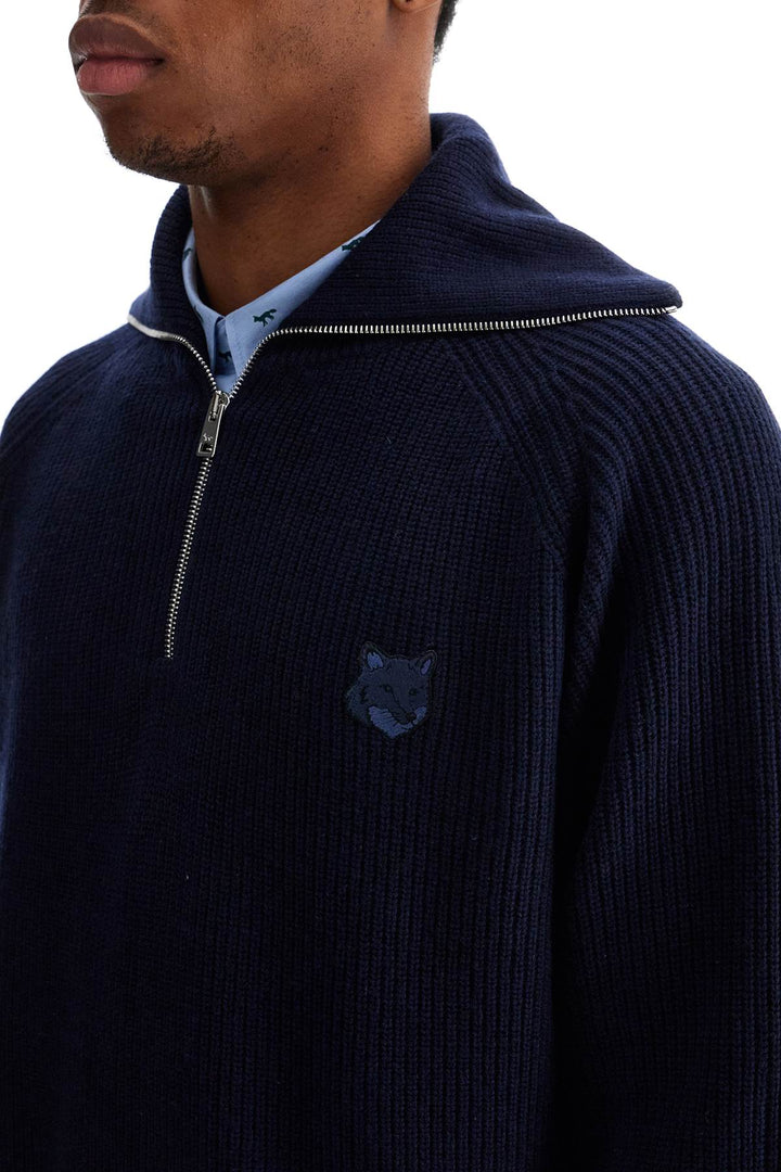 Ink Blue Wool Sweater With Fox Head Patch And Half Zip