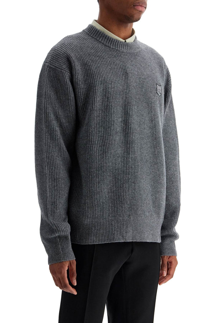 Gray Mélange Wool Sweater With Embroidered Fox Logo