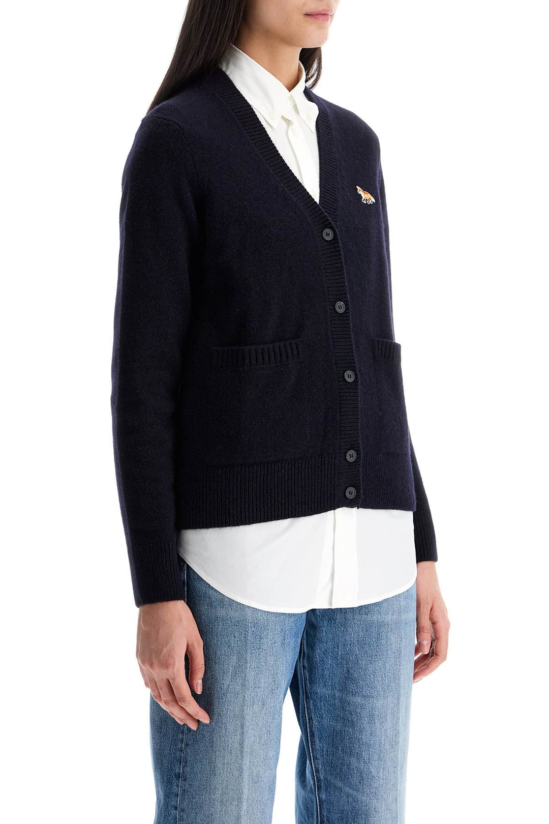 Oversized Blue Cardigan 100% Wool With Fox Patch