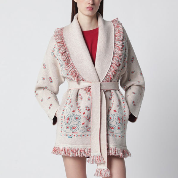 Beige/Coral Bandana Jacquard Cardigan