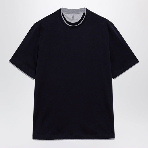Crew-Neck Cotton Jersey T-Shirt With Faux Layering, Cobalt