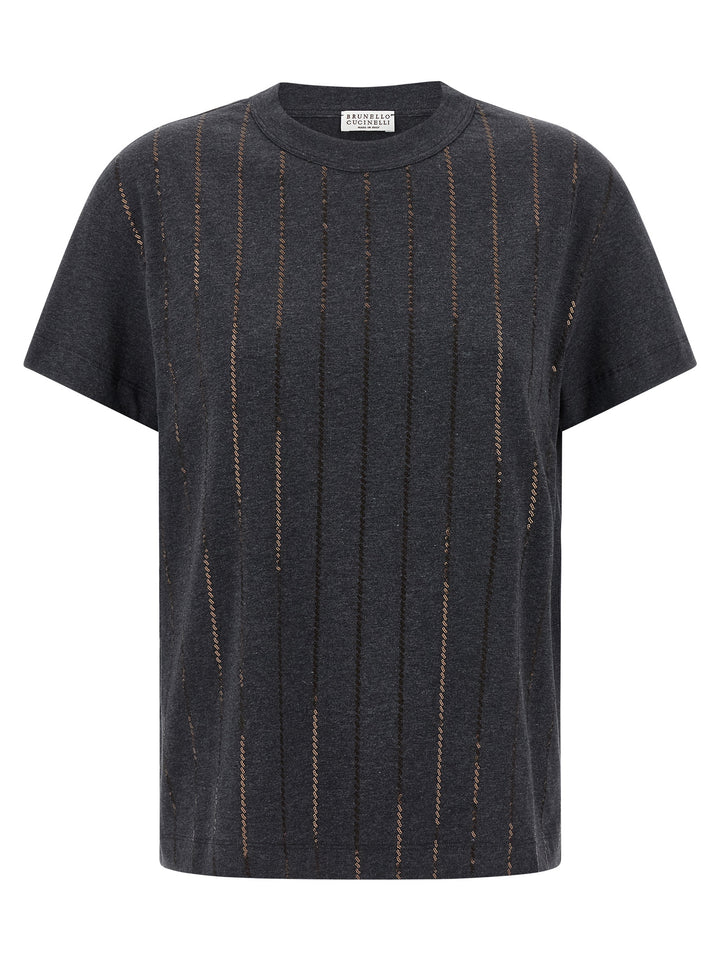Brunello Cucinelli Dazzling Chalk Stripe Embroidery T-shirt - Gray | 7723ab0b4f22bdb01833de31f2c4c98969531141
