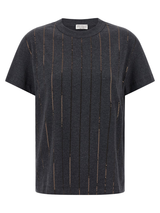 Dazzling Chalk Stripe Embroidery T-Shirt Gray