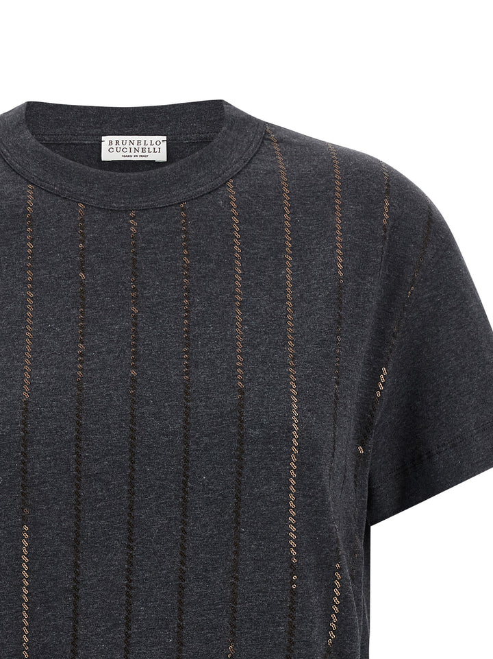 Brunello Cucinelli Dazzling Chalk Stripe Embroidery T-shirt - Gray | 02a6cf1056dea819119bf15f3db7dd7fcb144014