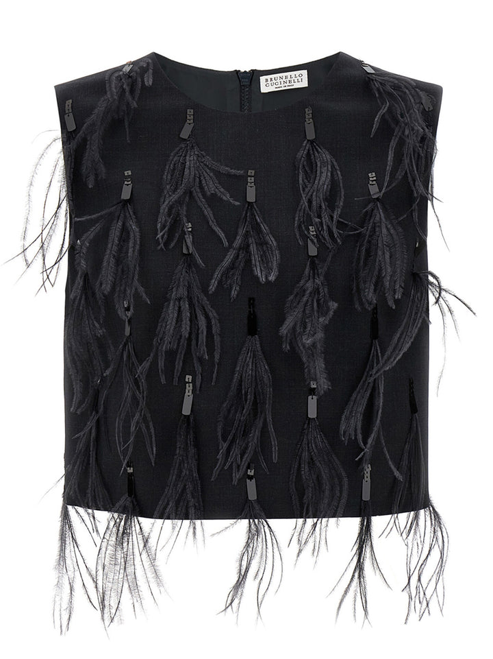 Sequin Feather Top Tops Black