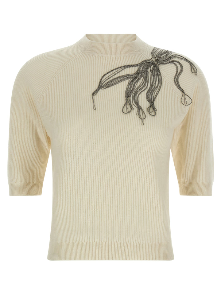 Brunello Cucinelli Shiny Flower Embroidery Sweaters and Cardigans - White | 205ce5f4676a56015d7aa04e178c6e20f1061eb1